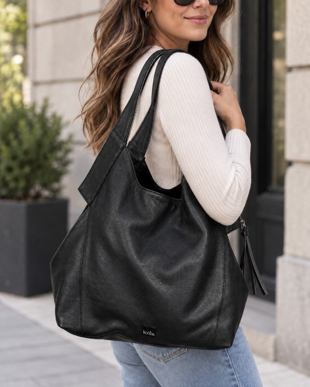Kooba Black Pebbled Leather Slouchy Shoulder Bag Large Hobo Tote Women's OS